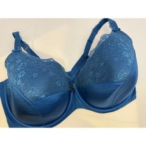 Curvy Couture Blue Lace Trim Padded Underwire Bra Adjustable Straps 42H 42DDDDD